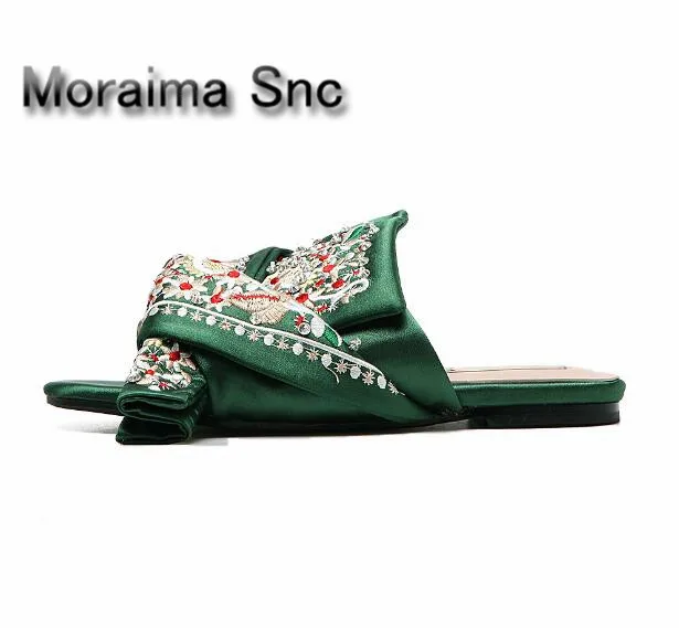

Moraima Snc butterfly-knot women shoes pantoufle femme embroider sandal women green yellow flats slippers women home summer 2018