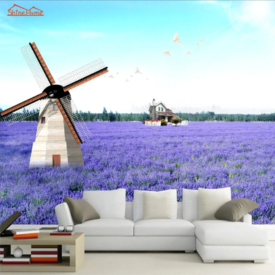Лавандовая ветряная мельница природный ландшафт винтажная 3D комната фото обои
