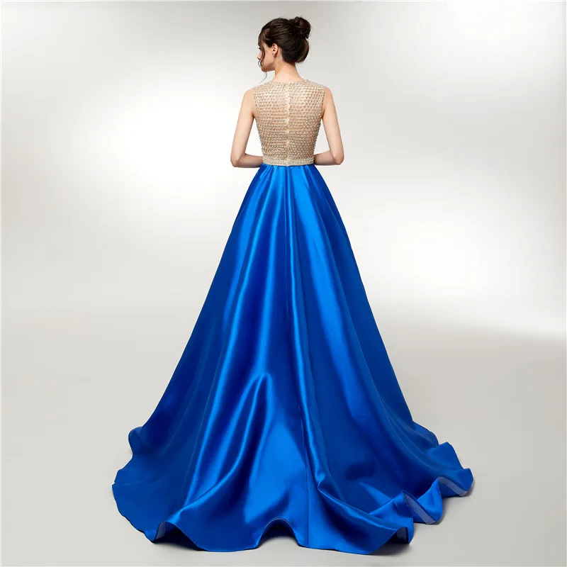 Satin Prom Dresses Long 2020 V Neck Beaded Top Sleeveless Royal Blue Formal Evening gown Party Gown Robe De Soiree