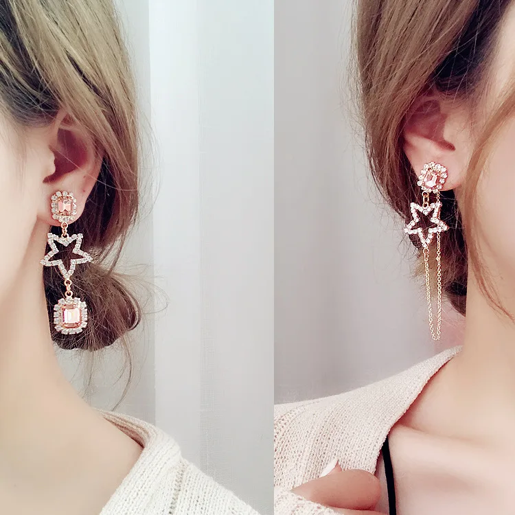 Korea Sweet Crystal Rhinestone Hollow Star Long Asymmetric Drop Earrings for Women Fashion Temperament Jewelry Brincos Wholesale | Украшения