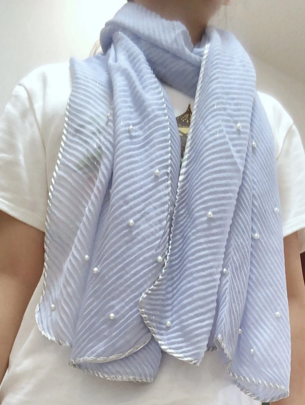 Гофрированный шарф шаль с жемчугом и блестками женская мода серый синий