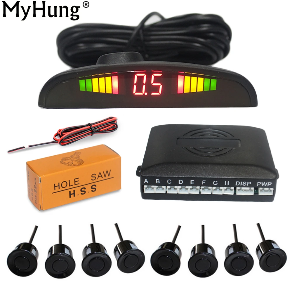 

Russian Human Voice Car Parking Sensor 8 Sensors Rear Front View Backup Radar Detector System Parking System Reverse Alert