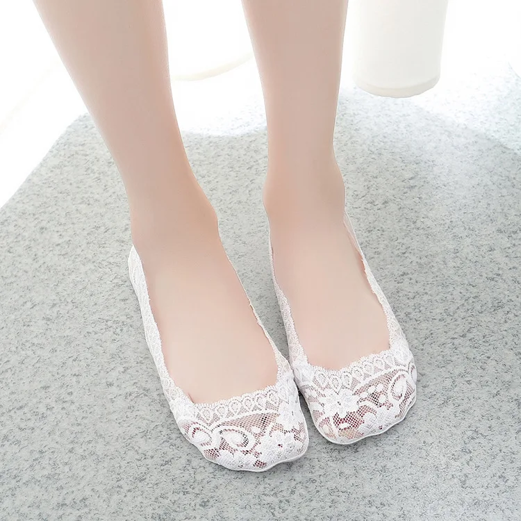 5 Pair-White Летние женские кружевные носки-Башмачки из силикагеля 5 пар, невидимые Нескользящие тапочки с хлопковой подошвой женские нескользящие носки для девочек - Цвет: 5 Pair-White