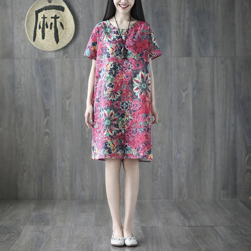 Новое хлопковое и льняное свободное платье с короткими рукавами принтом|Женские
