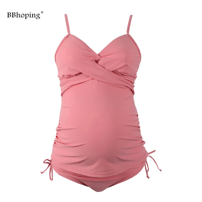 Купальники для купания беременных с бретелькой на шее рюшами по бокам танкини