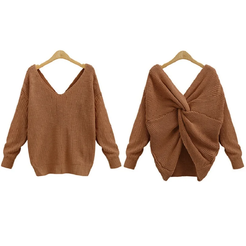 Женский трикотажный свитер с V-образным вырезом и открытой спиной длинным