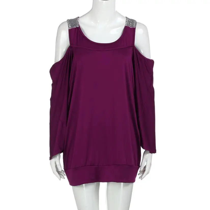 Женская футболка с рукавом 3/4 однотонная свободная открытыми плечами и блестками