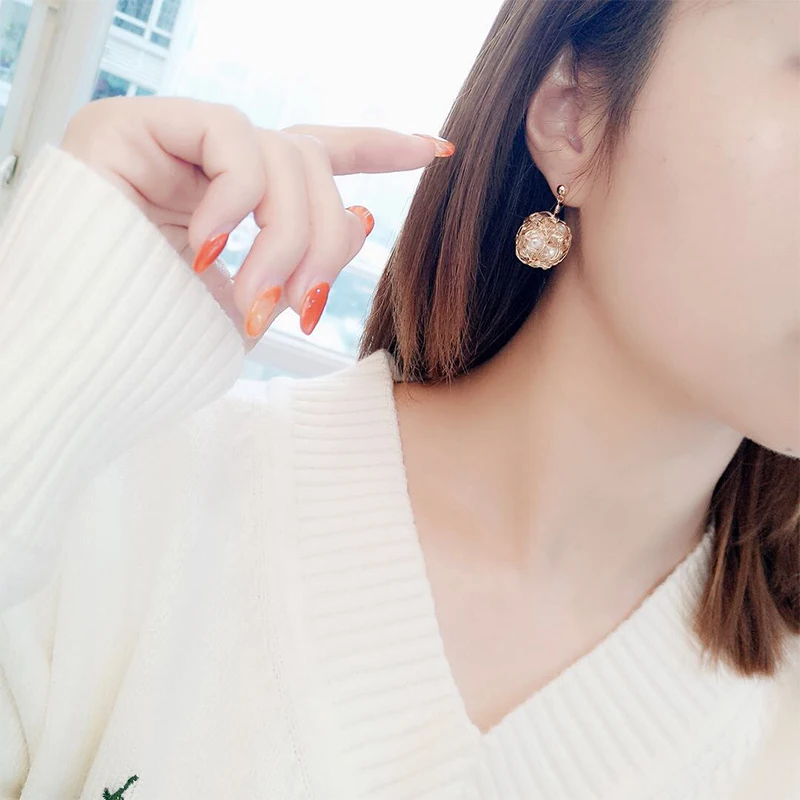 

ANI 14K Roll Gold Women Drop Earring Natural Freshwater White Pearl Fashion Dangle boucle d oreille Handmade Jewelry Ball Shape