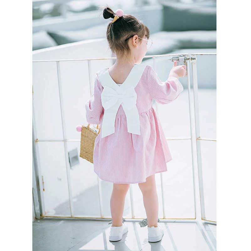 cute doll collar striped 3-10 yrs baby girls long sleeve dress 2019 summer spring big bow blue pink little girl princess costume | Детская