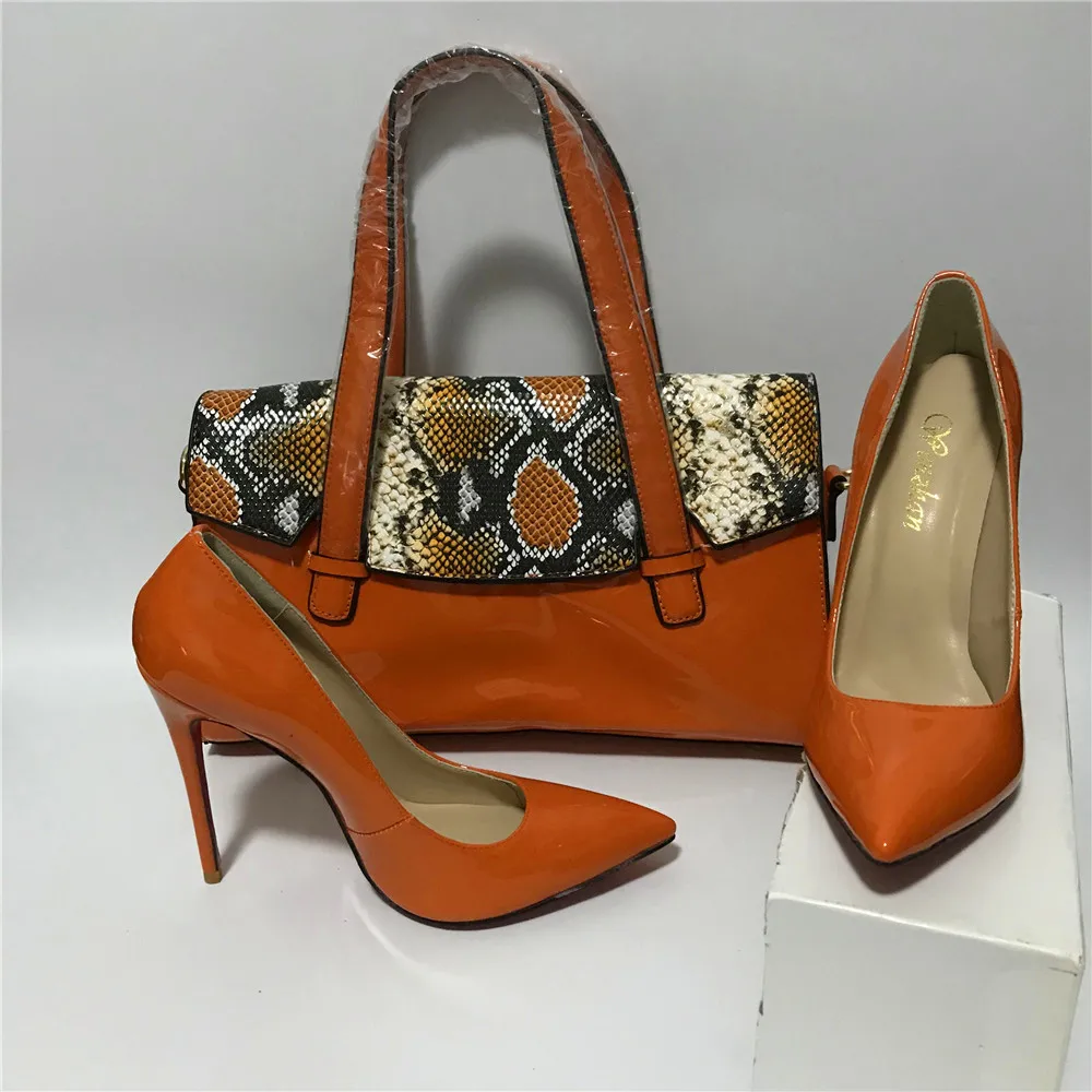 Orange High Heel Ladies Shoes With Matching Women HandBag Pumps Sets Patent Leather Hottest different heels WENZHAN 36-43 A96-20