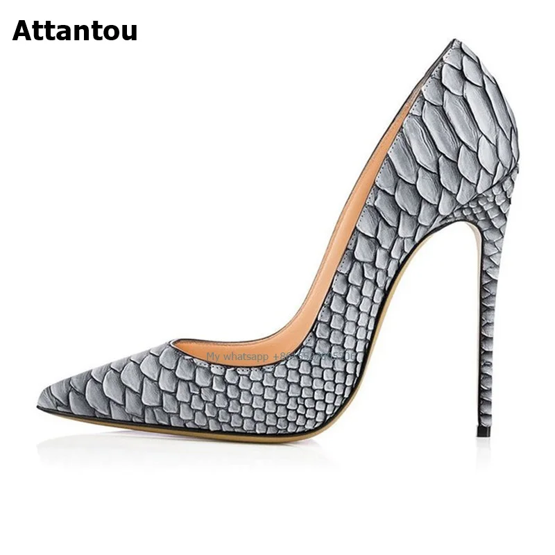 

Women Shoes Grey Snake Printed Sexy Stilettos High Heels 12cm/10cm/8cm Pointed Toe Women Pumps