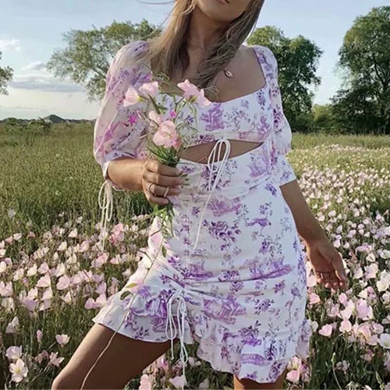 Шикарное вечернее мини платье с цветочным принтом 2019 женские кружевные буфы на