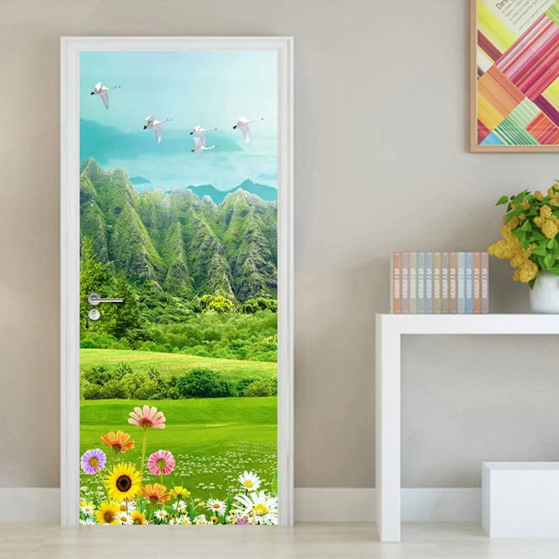 Green Mountain Grassland Floral Flower Door Sticker Wall Mural Wallpaper Decor PVC Waterproof Self-adhesive Poster Stickers | Дом и сад