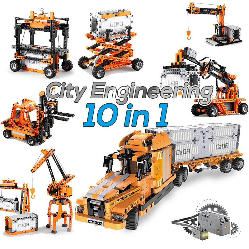 CaDA City Engineering Technic RC машина машины Строительные блоки моделирование порт инженерный Интеллектуальный мотор Набор игрушек 10 в 1