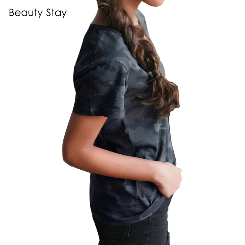 BeautyStay женская летняя модная камуфляжная свободная футболка с v-образным вырезом
