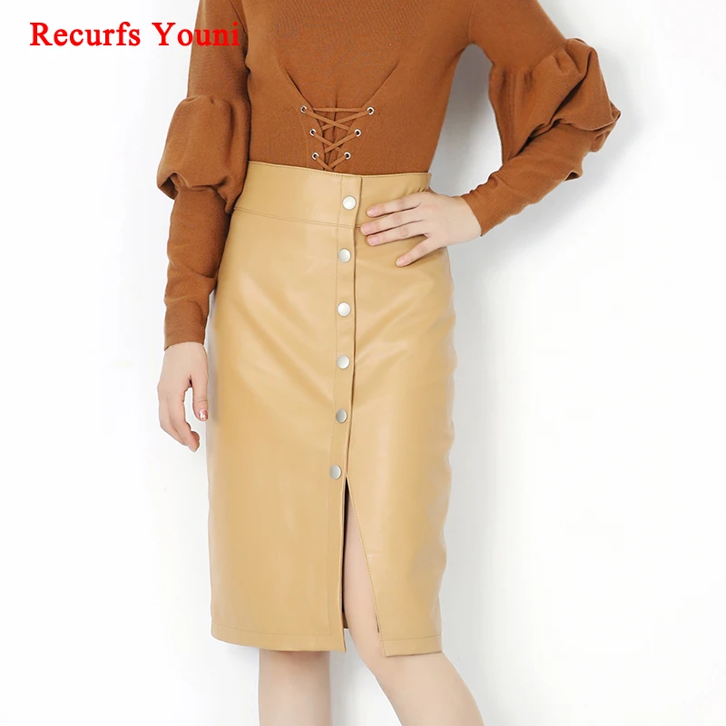 

RYS8340 Fashion Style 2020 Winter Genuine Leather Skirt Women Buttocks 60 cm Long Saias Female Beige/Black Buckles Faldas