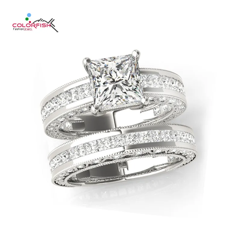 COLORFISH Genuine 925 Sterling Silver Princess Cut 1.6ct Cubic Zirconia Wedding Band Solitaire Engagement Ring Bridal Sets | Украшения и