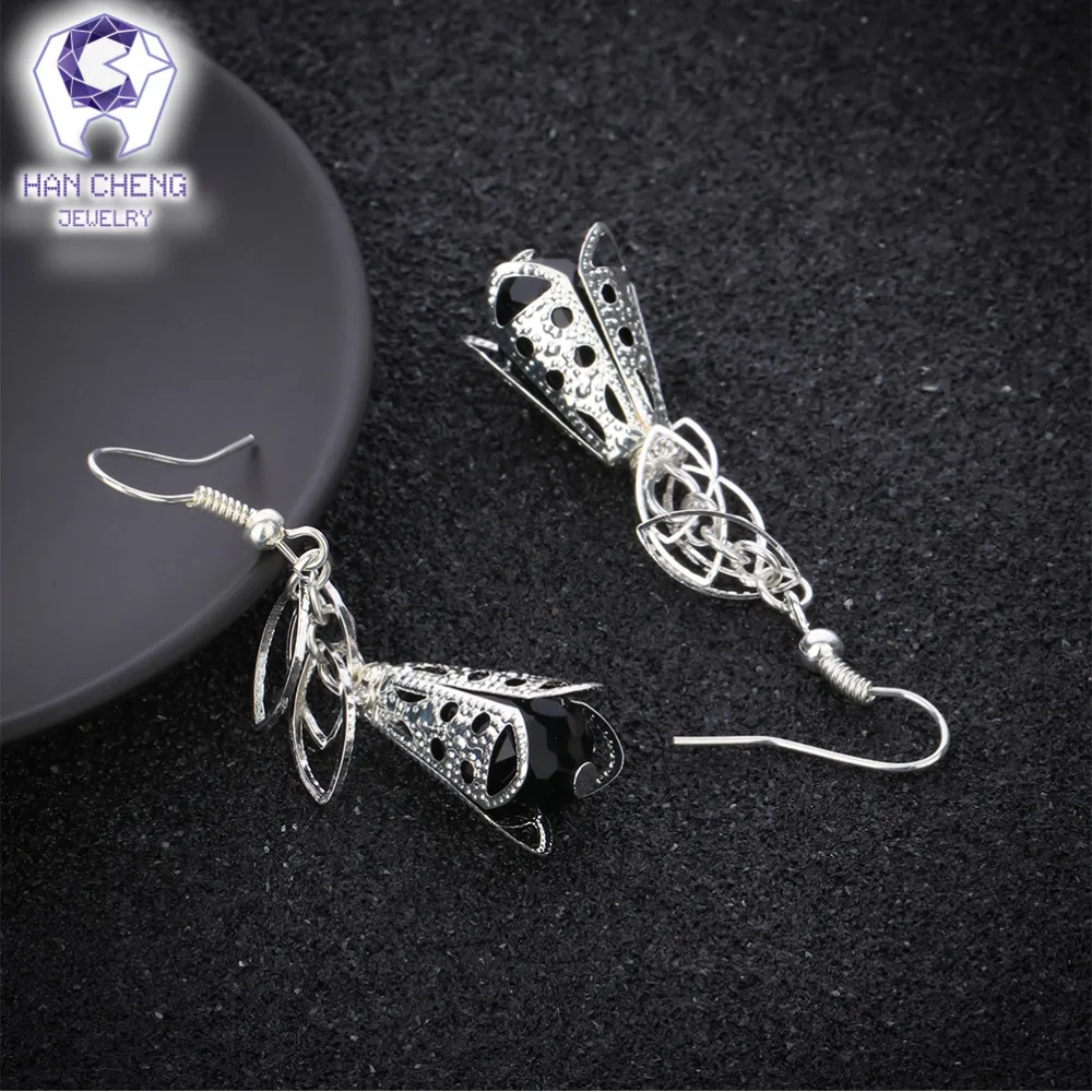 Женские ажурные серьги-подвески HanCheng висячие серьги с черным камнем ювелирное