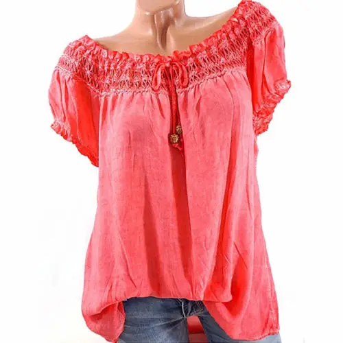 

Женские летние топы с открытыми плечами, вязаная крючком рубашка с воротником-лодочкой, свободная футболка, одежда, модная холщовая однотон...