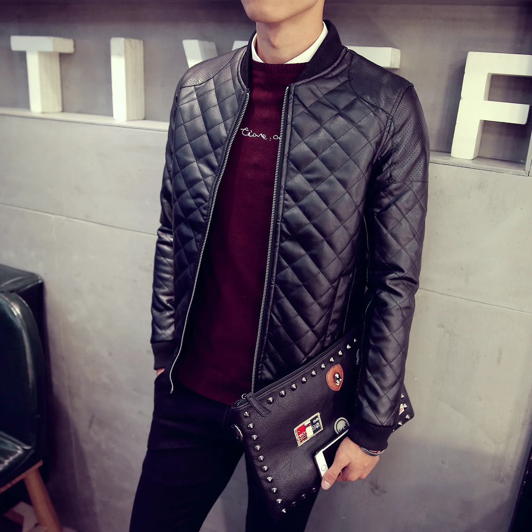 Мужская зимняя куртка из ПУ кожи с карманами на молнии|2016 winter jacket men|brand mendesigner jackets