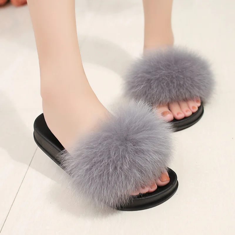 Женские летние тапочки на плоской подошве из лисьего меха шлёпанцы для женщин