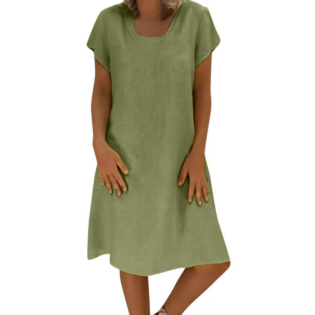Зеленый Летние Женские однотонные платья с коротким рукавом Feminino Vestido Футболка женская повседневная из хлопка и льна размера плюс Дамское Платье - Цвет: Зеленый