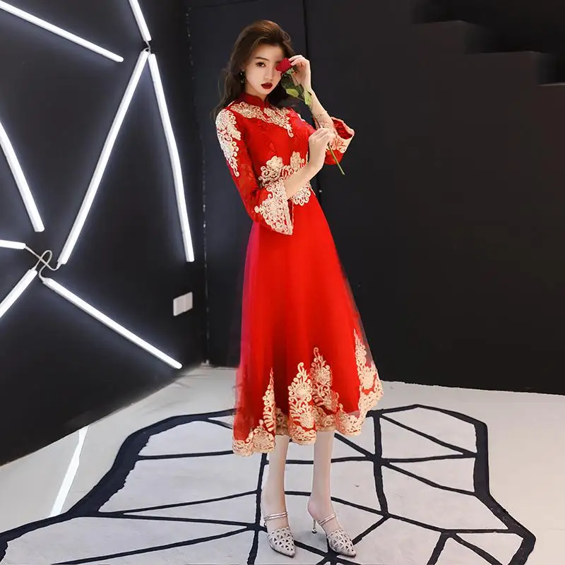 Китайский винтажный Красный в пол Cheongsam женский традиционный вышивка цветок Qipao невесты свадебное вечернее платье - Цвет: Style 12