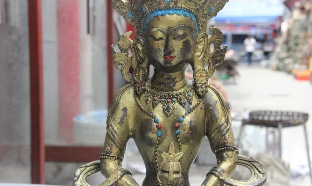 Тибетская Храмовая бронзовая фигурка медная долговечность Amitayus Kwan-Yin статуя