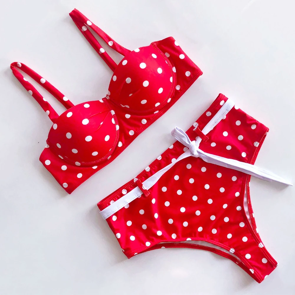 Женский купальник с высокой талией красный в горошек бикини пуш ап бандажный