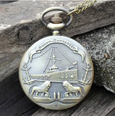 

New style Antique bronze lion ship quartz pocket watch Pendants Jewelry Necklaces men best gift 10pcs/lot