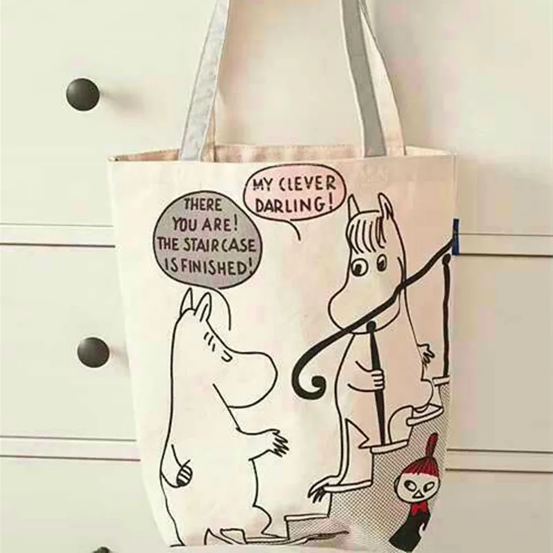Moomin, сумка на молнии, сумка из хлопка, Холщовая Сумка на плечо, темперамент, для девушек, для путешествий, сумка для хранения, Ziplock - Цвет: Белый