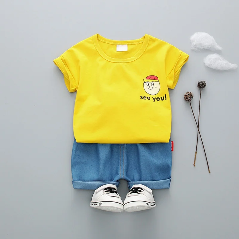 New Summer Baby Boys Short Sleeve Cotton Cartoon Letter Print Tops Blouse T-shirt+Shorts Casual Outfits Sets |