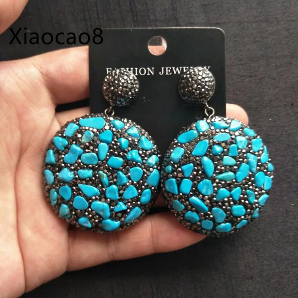 Женские серьги капельки большие круглые из натурального камня синего зеленого