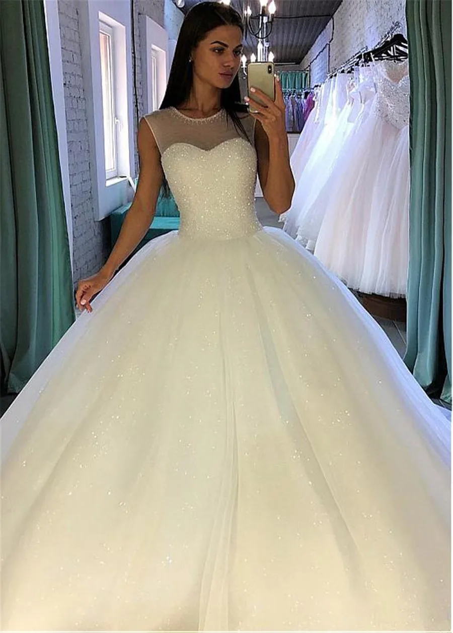 

Shining Beadings Tulle Scoop Tank Ball Gown Wedding Dress Robe De Mariee Sofuge Boho Dubai Arabic Abiti Da Sposa