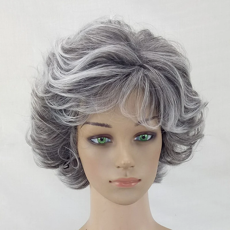 HAIRJOY Women Wig 2 Tones Grey White Ombre Synthetic Short Layered Curly Hair Puffy  Bangs Heat Resistant 9 Color Available