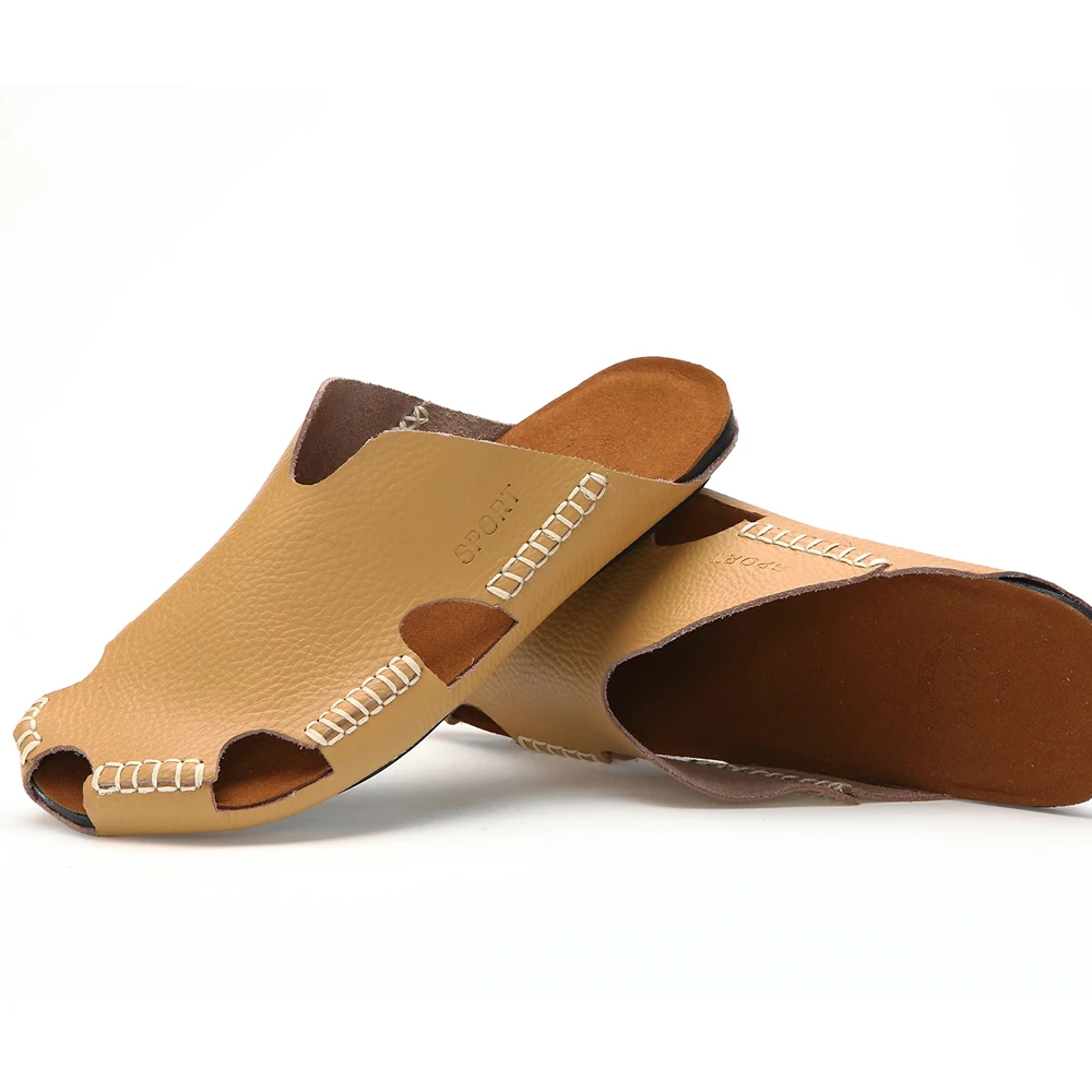 Мужские кожаные шлепанцы дышащие Нескользящие корейский стиль летние тапочки