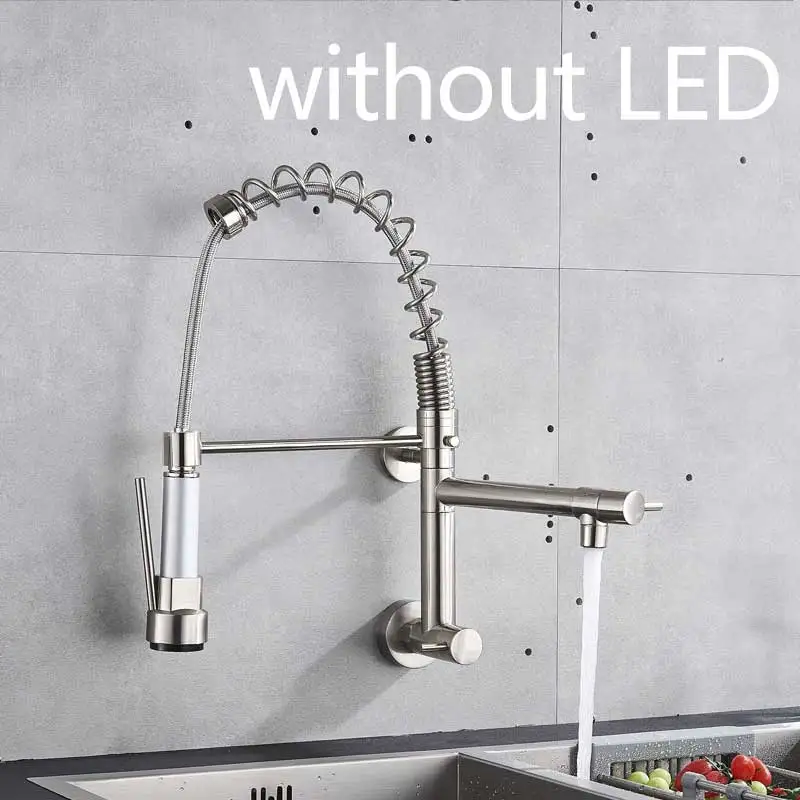 brushed without led Светодиодный кухонный кран с 2 носиками и одной ручкой для мытья холодной воды, настенный смеситель - Цвет: brushed without led