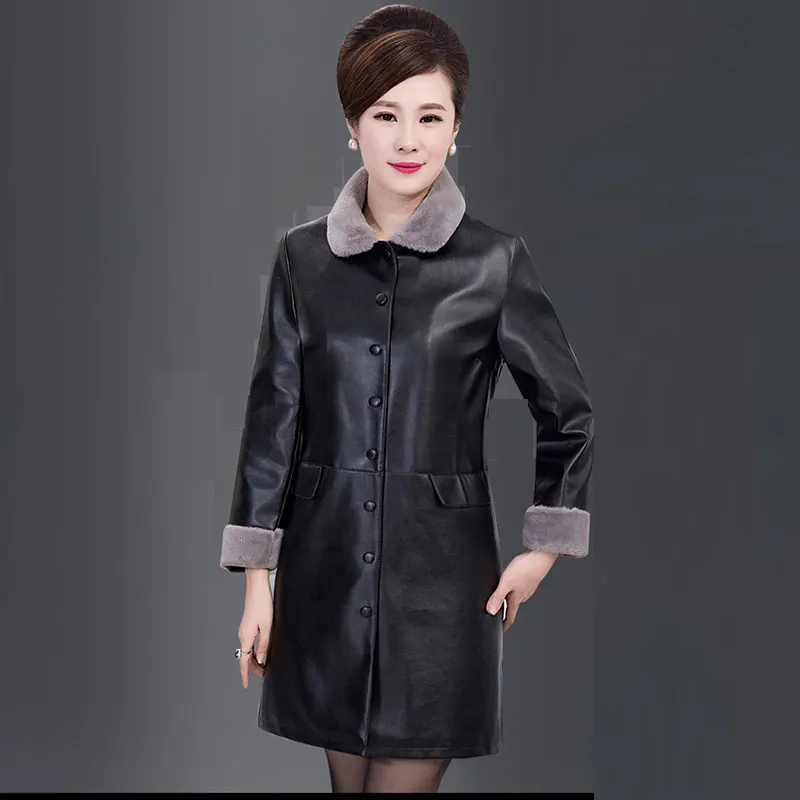 5XL Ukraine Middle-aged Winter Plus size Women Cotton Leather Coat Parka 2017 New Plus Velvet Female Jacket manteau femme hiver