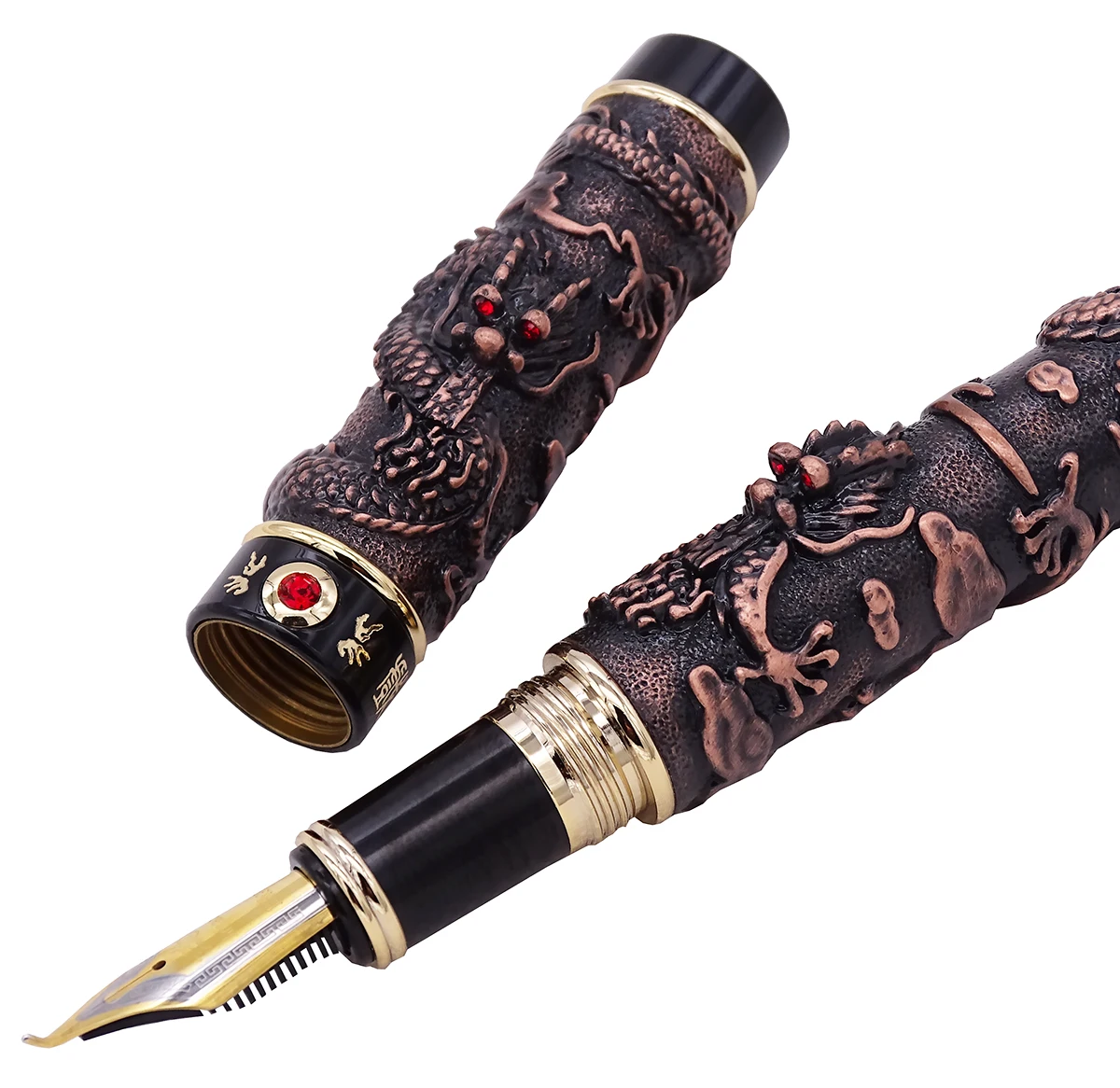 Винтажная красная медная перьевая ручка Jinhao двойной дракон каллиграфия перо Fude