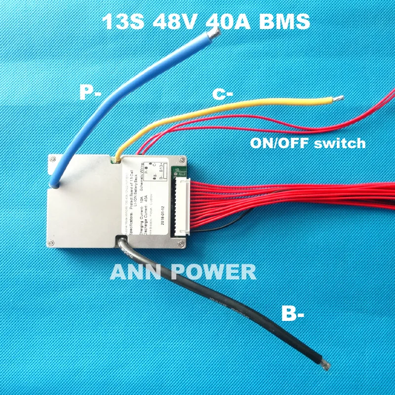 

3.7V cell 13S 48V 40A lithium battery BMS With ON/OFF switch and balance function Continuous current 40A Maximum current 120A