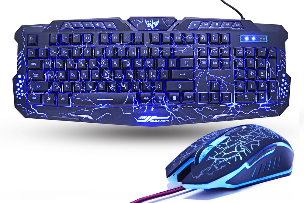 Русский/Английский Gaming Keyboard светодиодный 3-Цвет M200 USB Проводная Цвет Фул дыхание подсветкой Водонепроницаемый компьютер трещины клавиатура