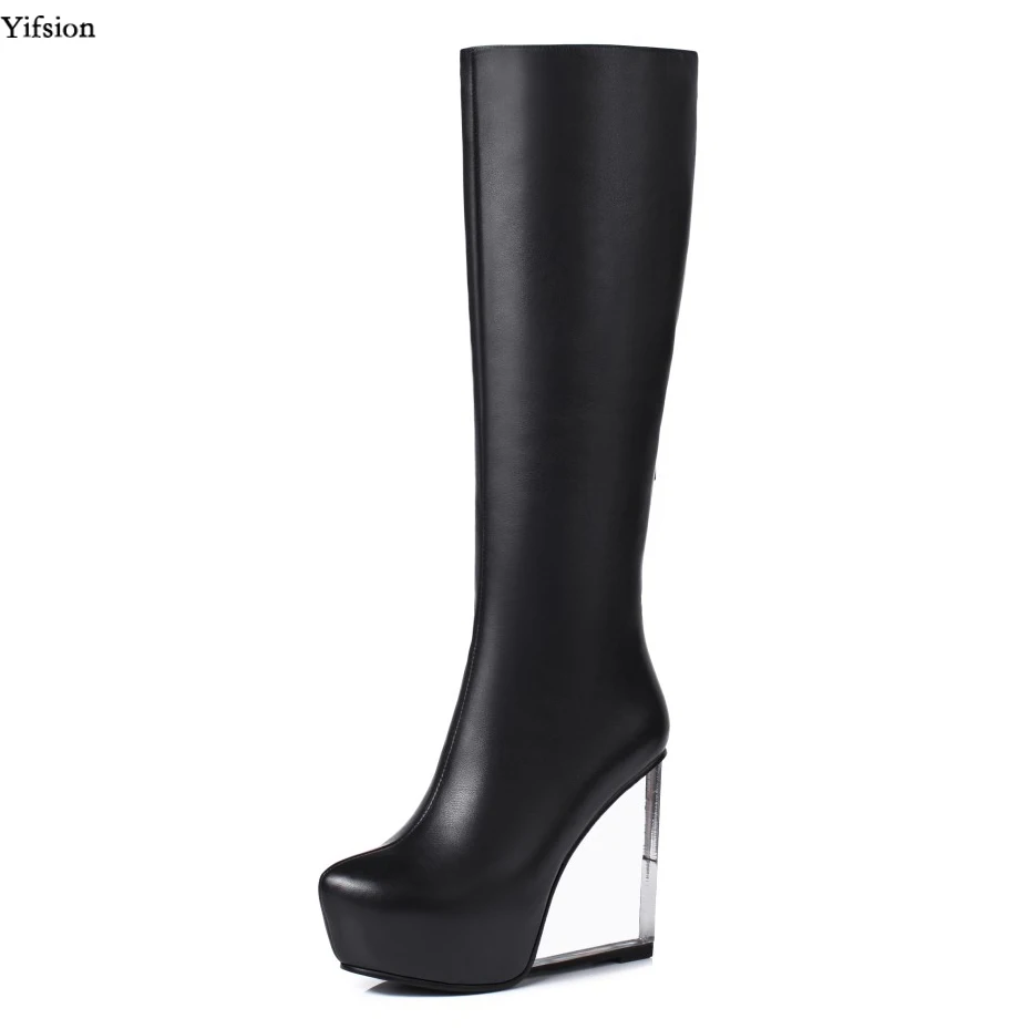 

Olomm Women Winter Knee High Leather Boots Wedges High Heels Boots Charm Pointed Toe Black White Shoes Women US Size 3-9.5