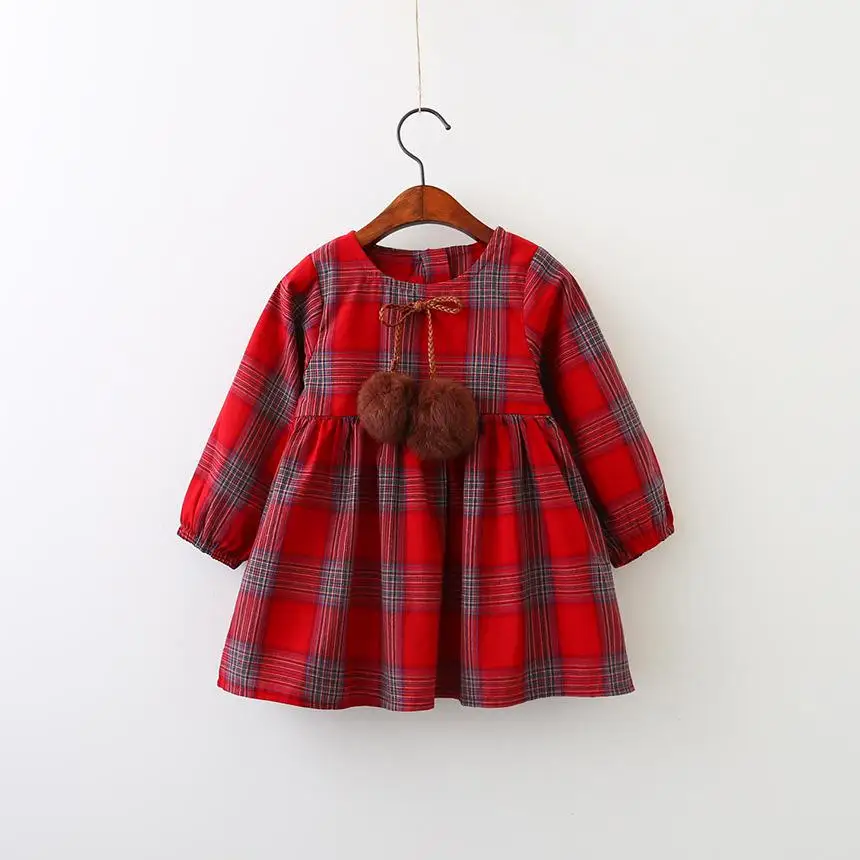 Kseniya Kids/осень ; хлопковая одежда для девочек; цвет красный, желтый; английский стиль; клетчатое платье с длинным рукавом и меховым бантом для маленьких девочек - Цвет: red