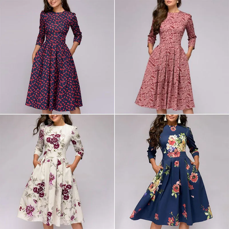 Осень-зима, длинное женское платье, vestido, Формальное, повседневное, круглый вырез, рукав три четверти, вечерние, Ретро стиль, цветочный принт, элегантное женское платье