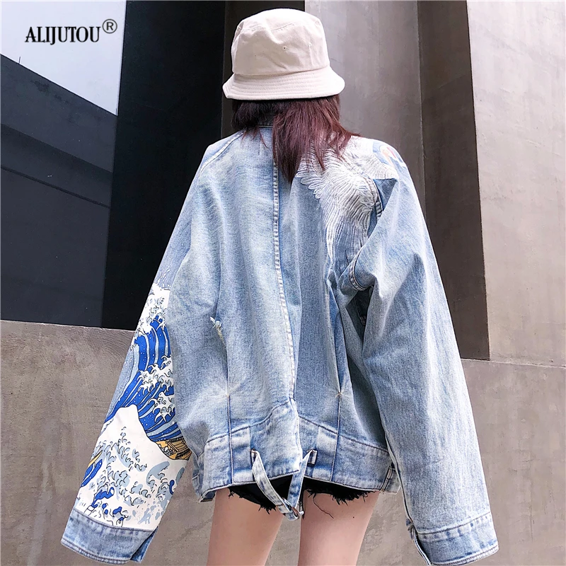 2019 Harajuku джинсовая куртка Женская мода оригинальный кран с вышивкой для женщин
