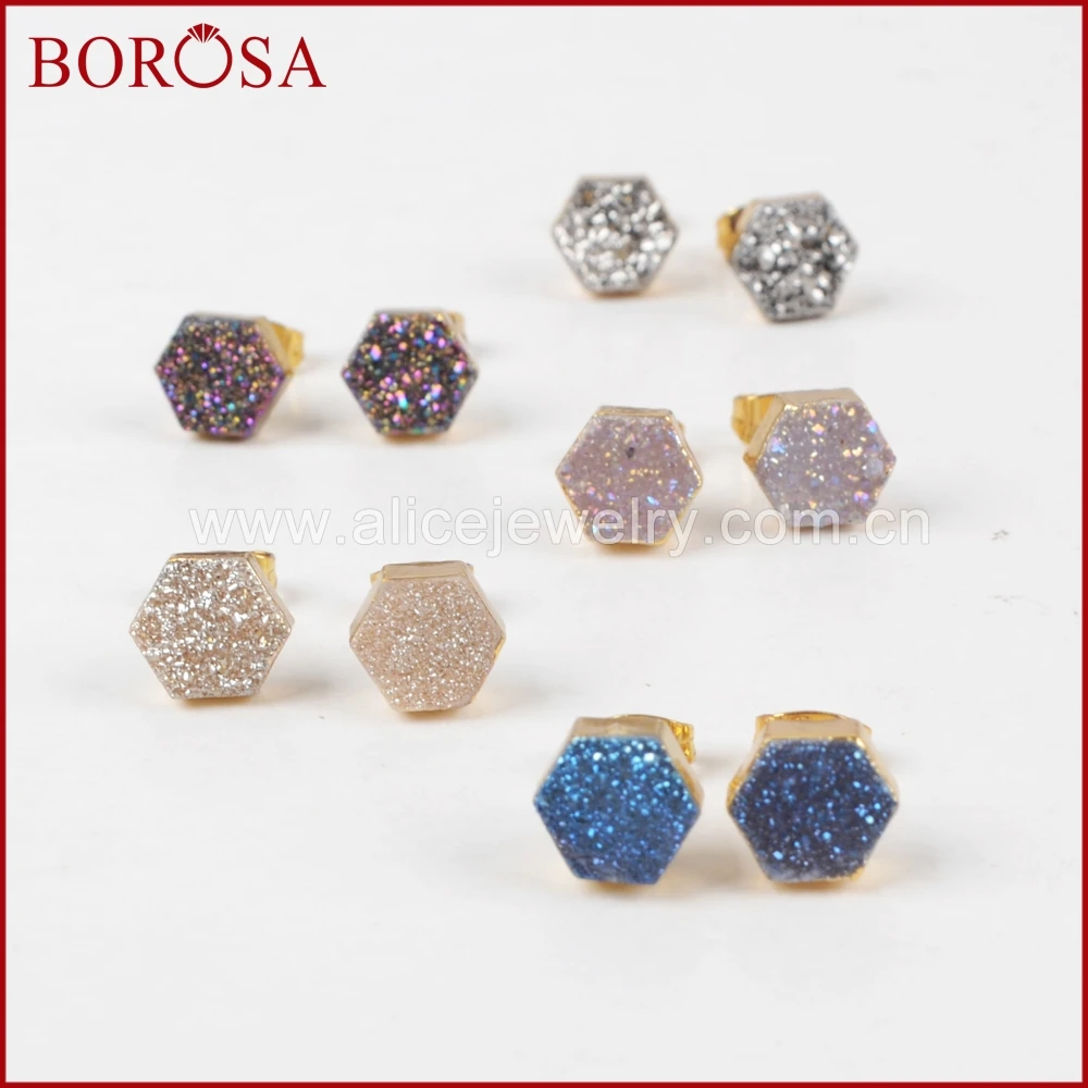 BOROSA друзовидный камень серьги для женщин модный шестигранный золотой цвет друза