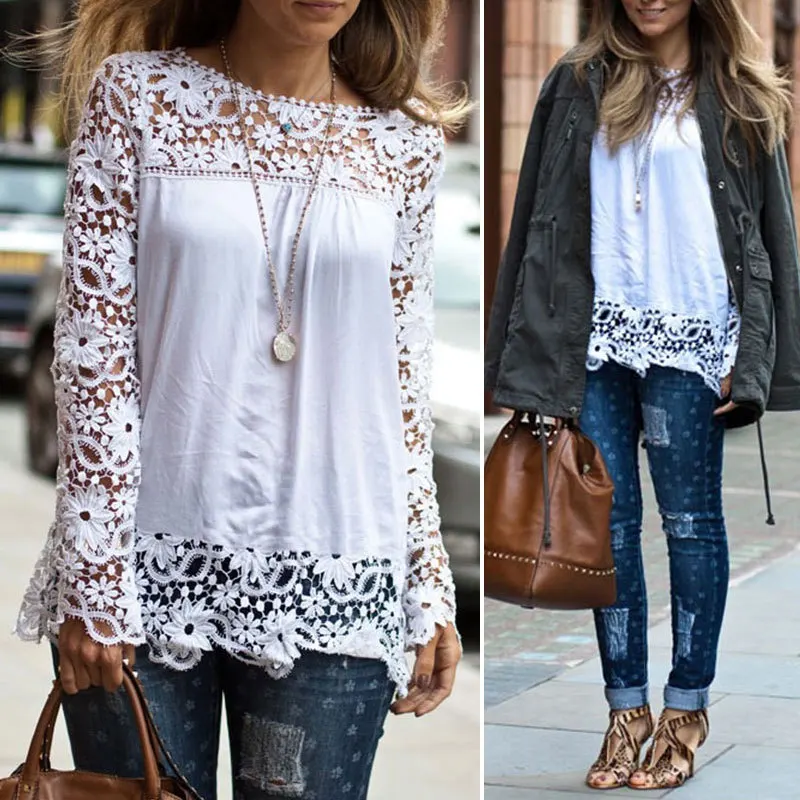 Блузка женская винтажная с длинным рукавом|chemise femme|lace blouseblouse fashion |
