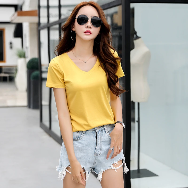 New 2018 Women Summer Fashion T shirt Casual Top Short sleeve V-neck Tshirt Female T-Shirt Women's 100% Cotton Tee Shirt Femme | Женская