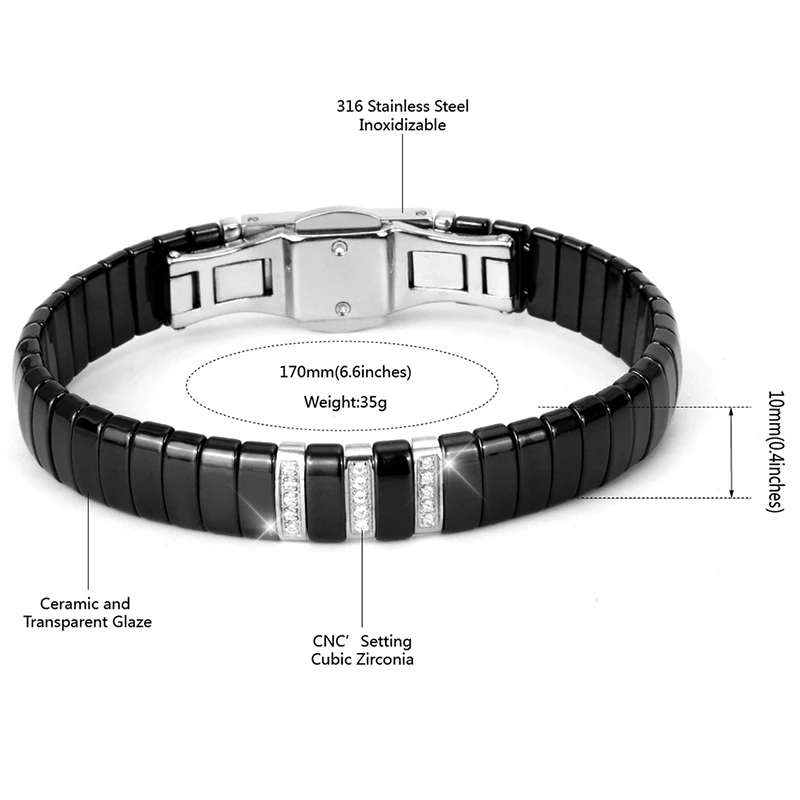 Женский браслет с шармами черный из керамики и нержавеющей стали кристаллами