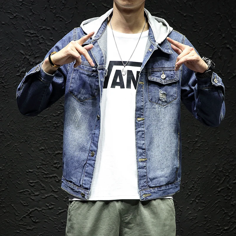 

2020 New Men's Jacket Denim Jacket Casual Hooded Men Vintage Hole Fashion Mens Coats Casacas Para Hombre Preppy Style